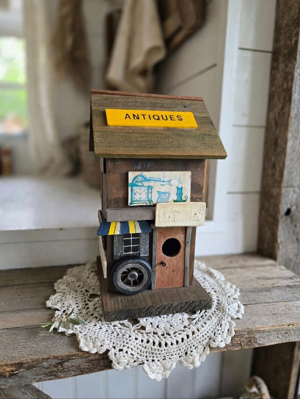 Rustic Wooden "Antiques" Store Decorative Birdhouse | Cottagecore Decor